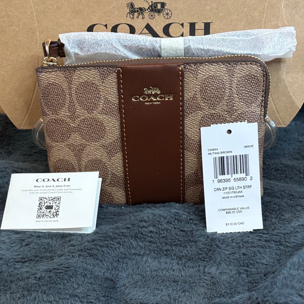 Coach Signature Brown and Tan leather wristlet